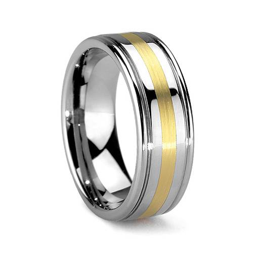 CORONADO POLISHED AND GROOVED TUNGSTEN RINGS WITH GOLD INLAY
