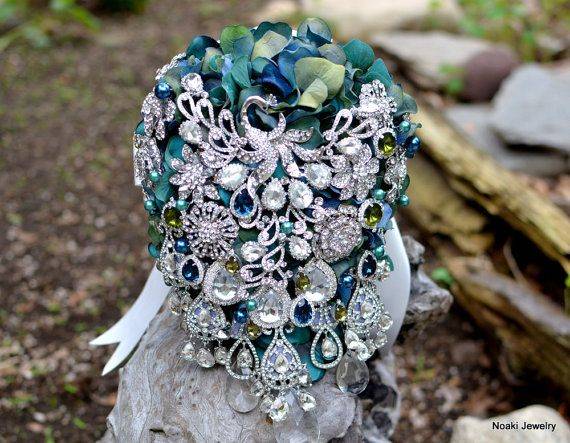 Vintage teal and blue peacock brooch bouquet